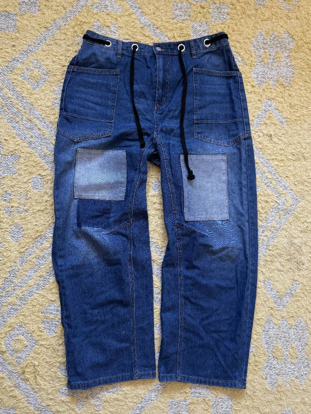 Patchwork Barrel Jeans with Braided Drawcord